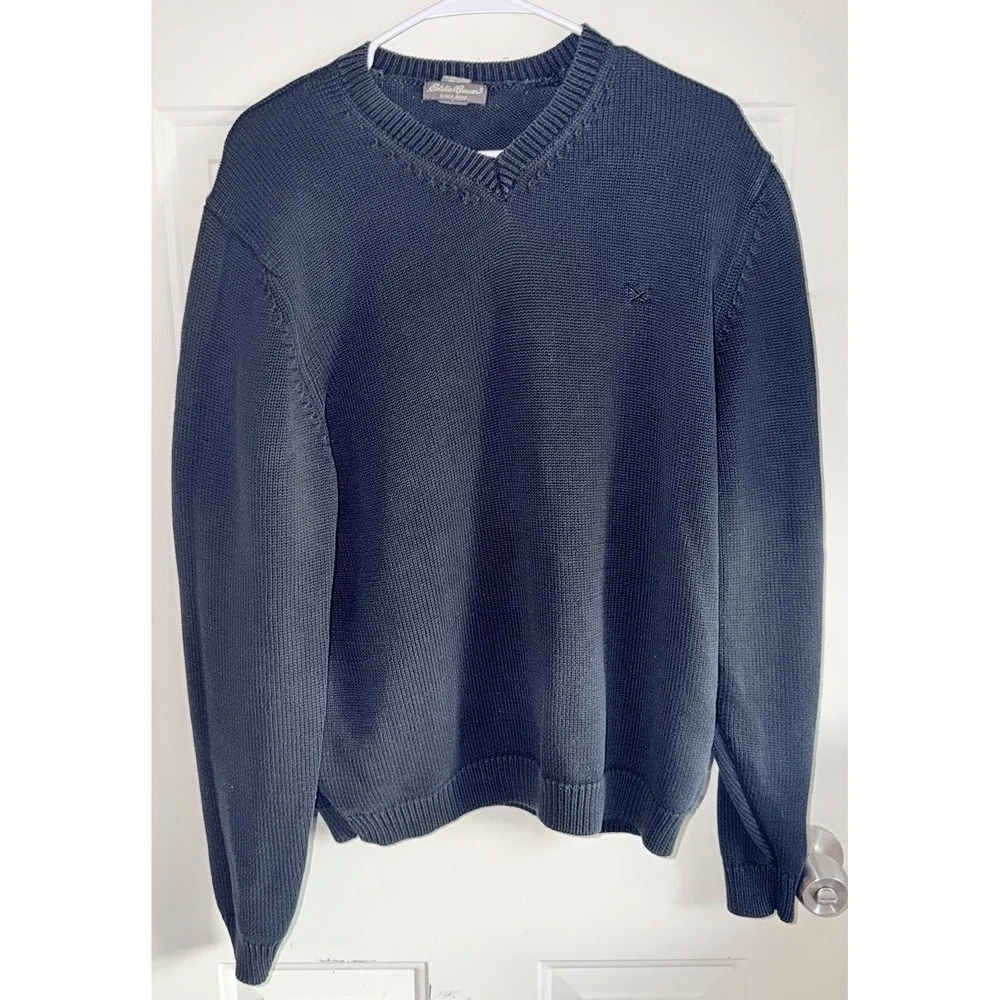 Eddie Bauer Men's L Tall V Neck Sweater 100% Cotton Navy Blue Logo Pullover